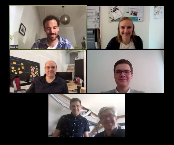 Video call with six participants in grid view