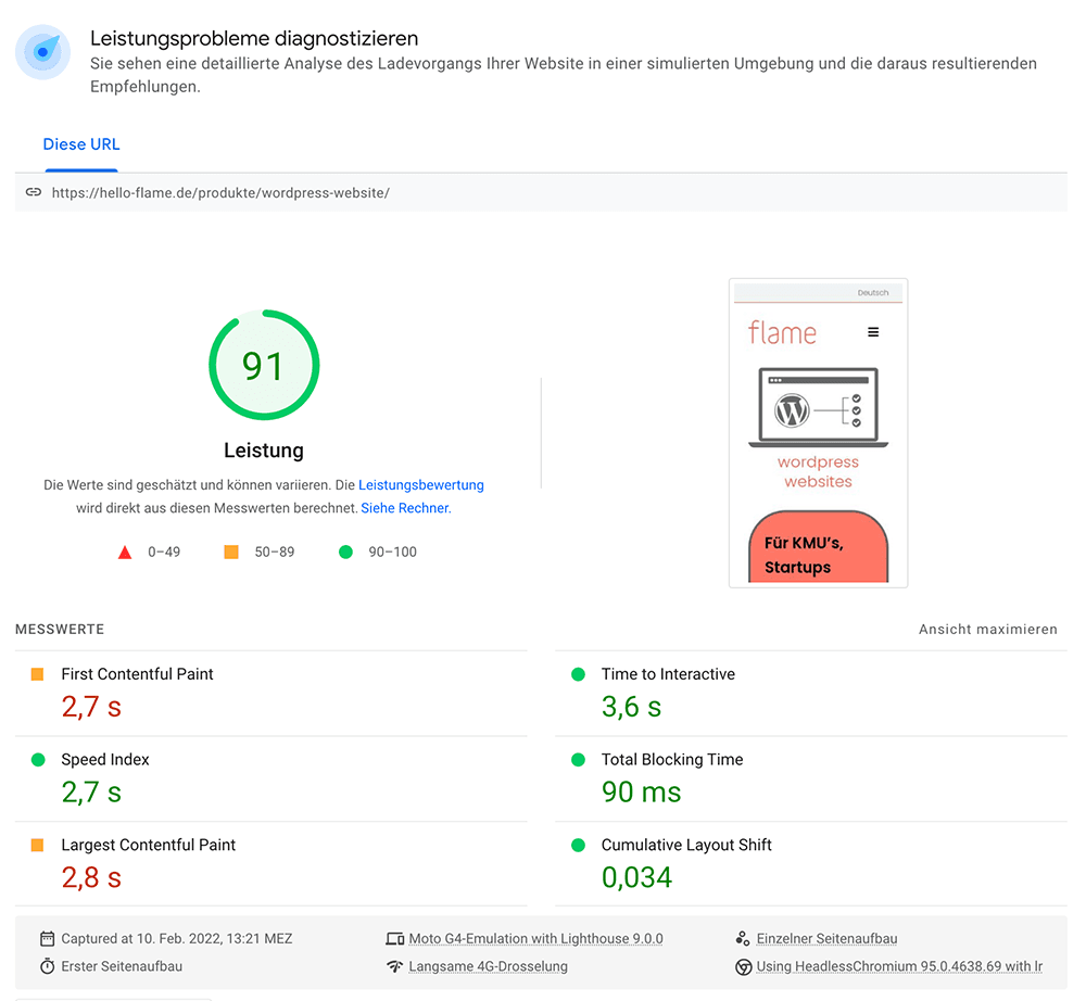 Lighthouse report after the upgrade, showing a performance score of 91