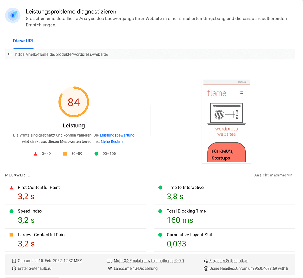 Lighthouse report before the upgrade, showing a performance score of 84