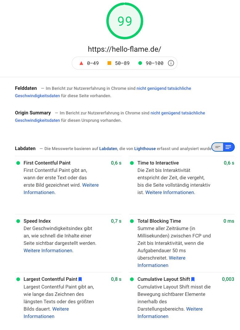 PageSpeed Insights report for hello-flame.de, showing a performance score of 99