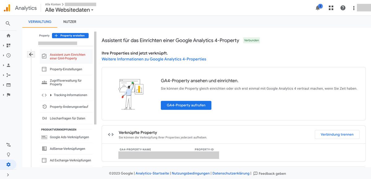 Google Analytics admin view with the setup assistant and the newly created GA4 property