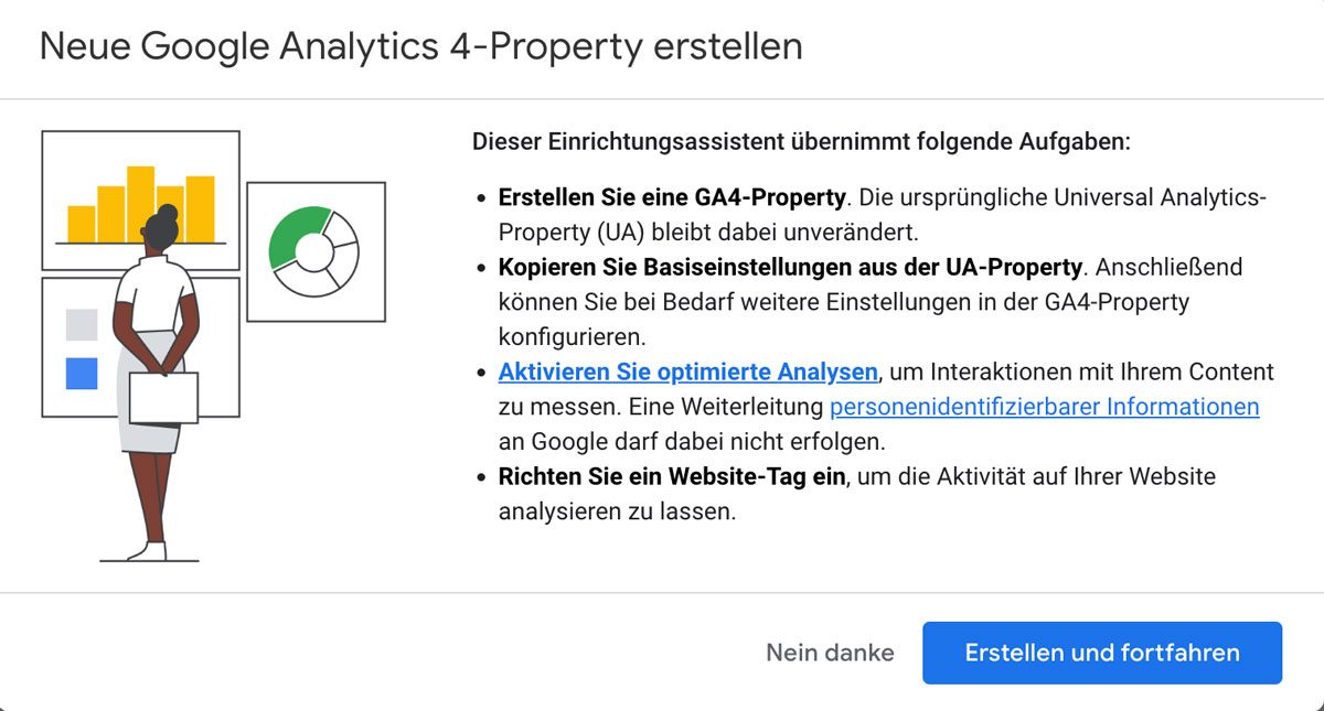 Dialogue for creating a new Google Analytics 4 property, with the create-and-continue button