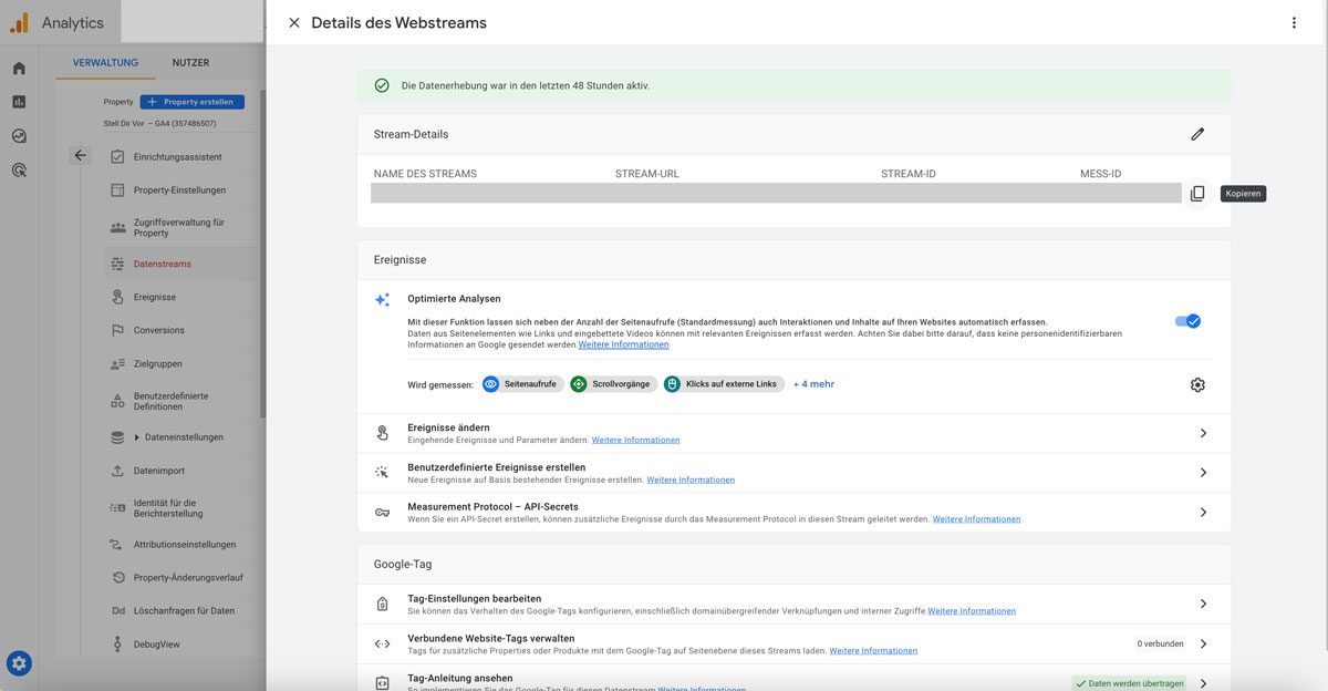Data stream details in Google Analytics 4 with the tag setup options
