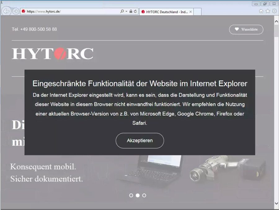 A website in Internet Explorer showing a notice about limited functionality