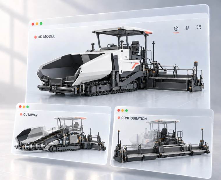 Interactive 3D model of a road paver — 3D model, cutaway and configuration view