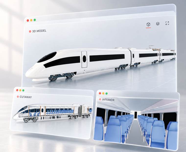 Interaktives 3D-Modell eines Zugs — Ansicht, Cutaway und Interieur